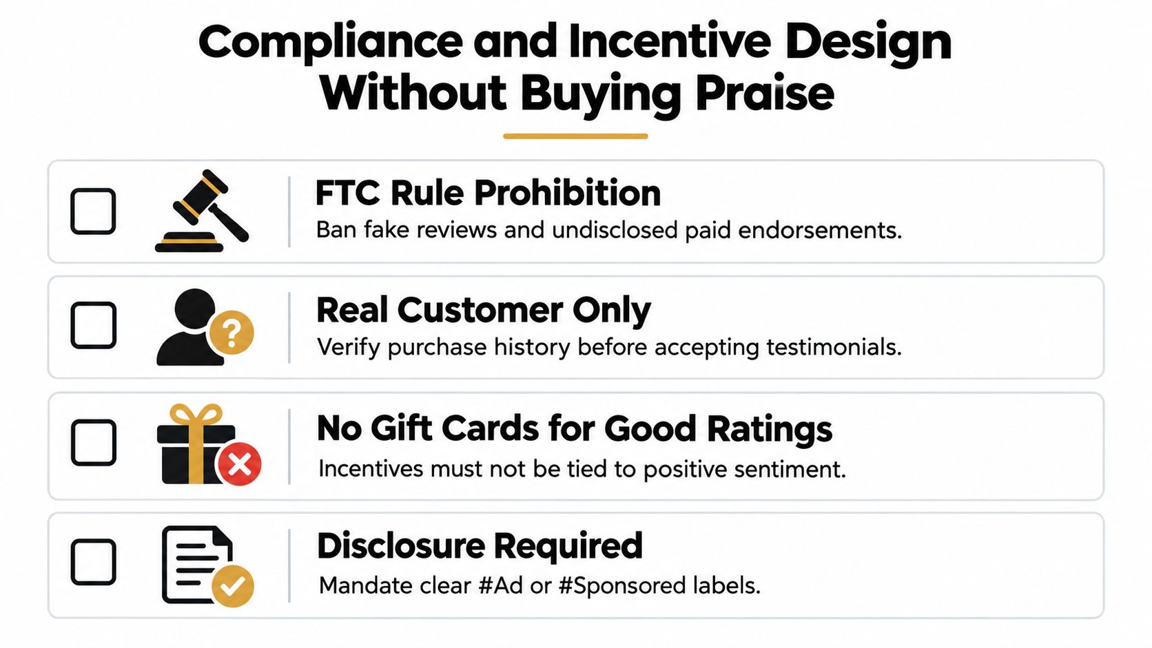 A guide listing four essential practices for maintaining ethical compliance when collecting authentic customer product reviews.