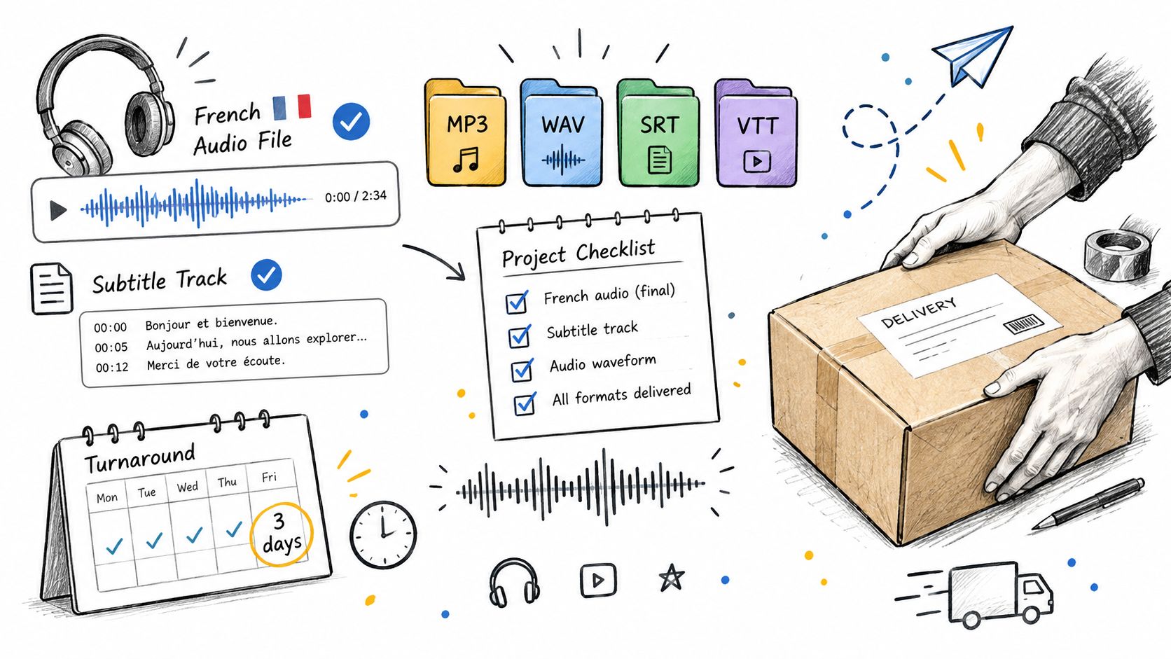 A hand-drawn illustration showing a French audio translation project workflow with delivery, file formats, and a timeline.