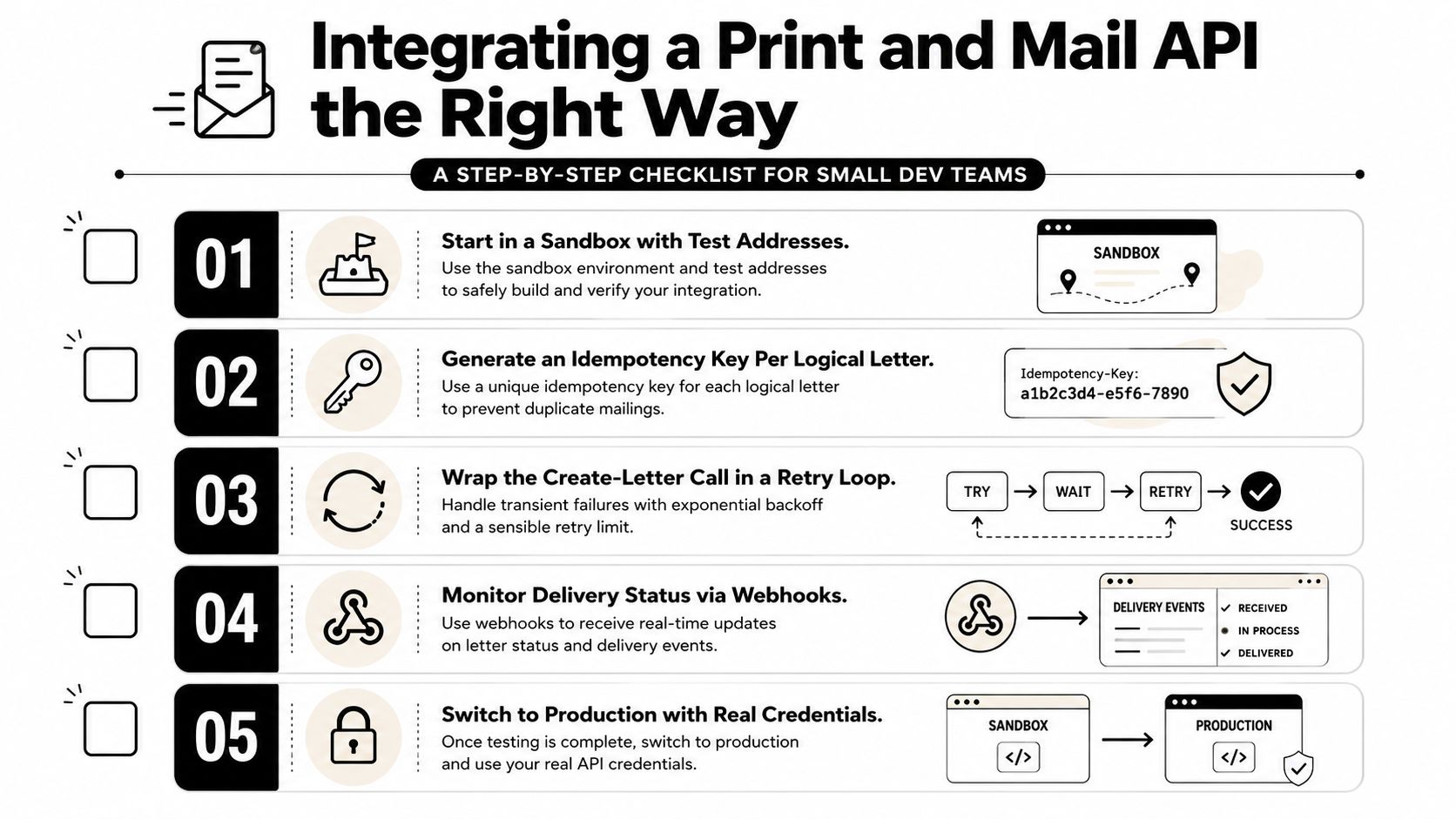 A five-step checklist for small development teams on how to correctly integrate a print and mail API.