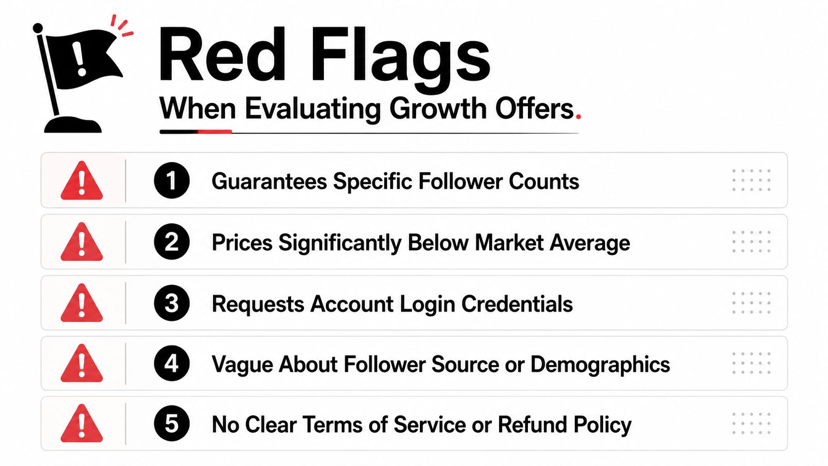 An infographic titled Red Flags listing five warning signs when evaluating social media growth services.