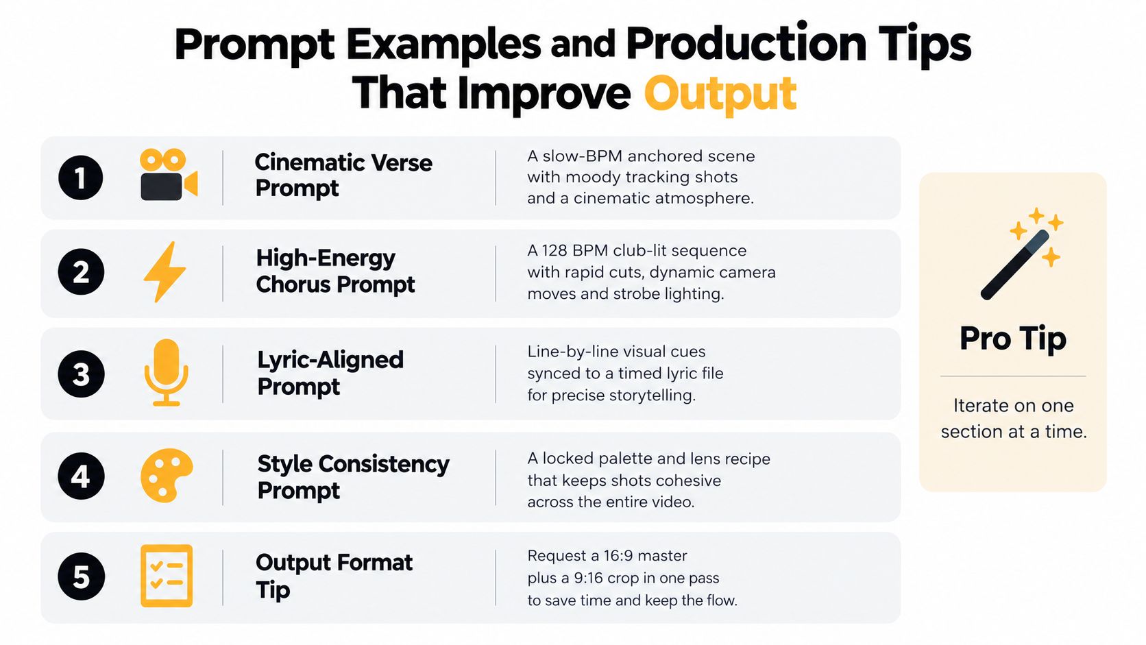 A list of five prompt examples and production tips to improve AI generated music video outputs.