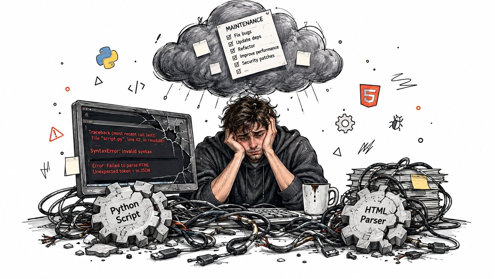 A stressed software developer working on broken code with technical errors, surrounded by tangled computer cables.