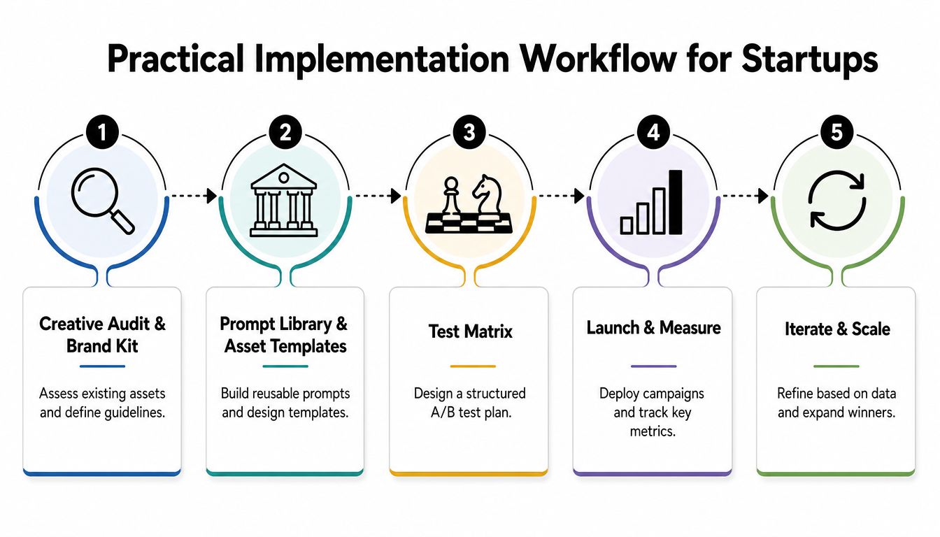 A five-step flowchart illustrating a practical implementation workflow for startups using generative AI for advertising strategies.