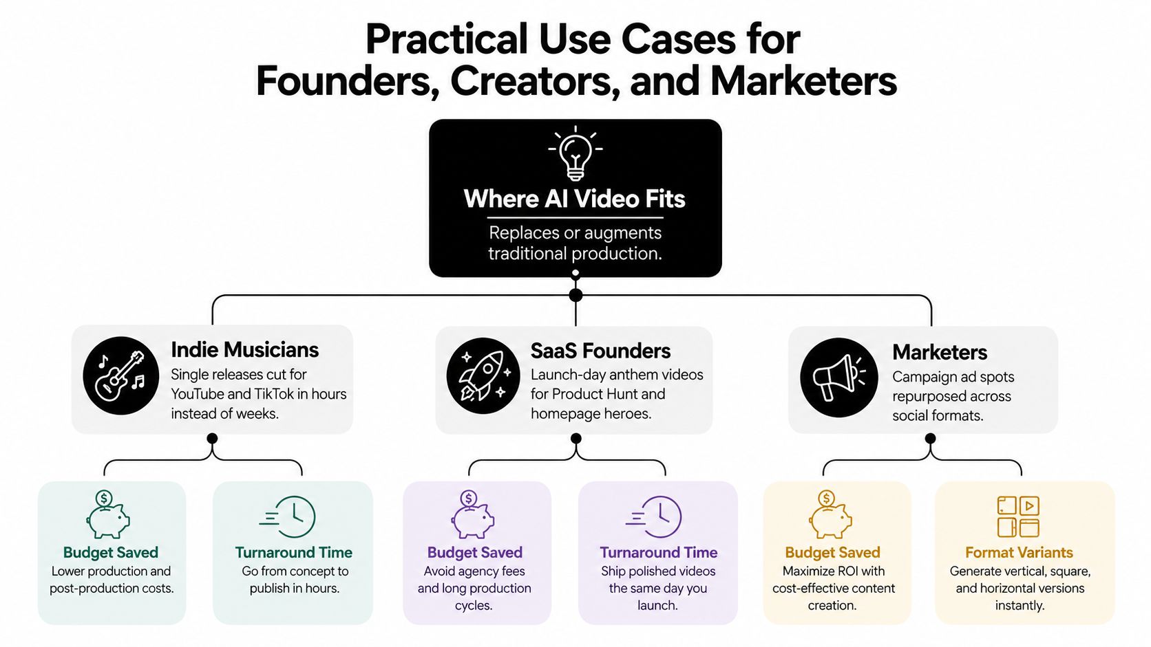 A diagram outlining the practical use cases of AI video for indie musicians, SaaS founders, and marketers.