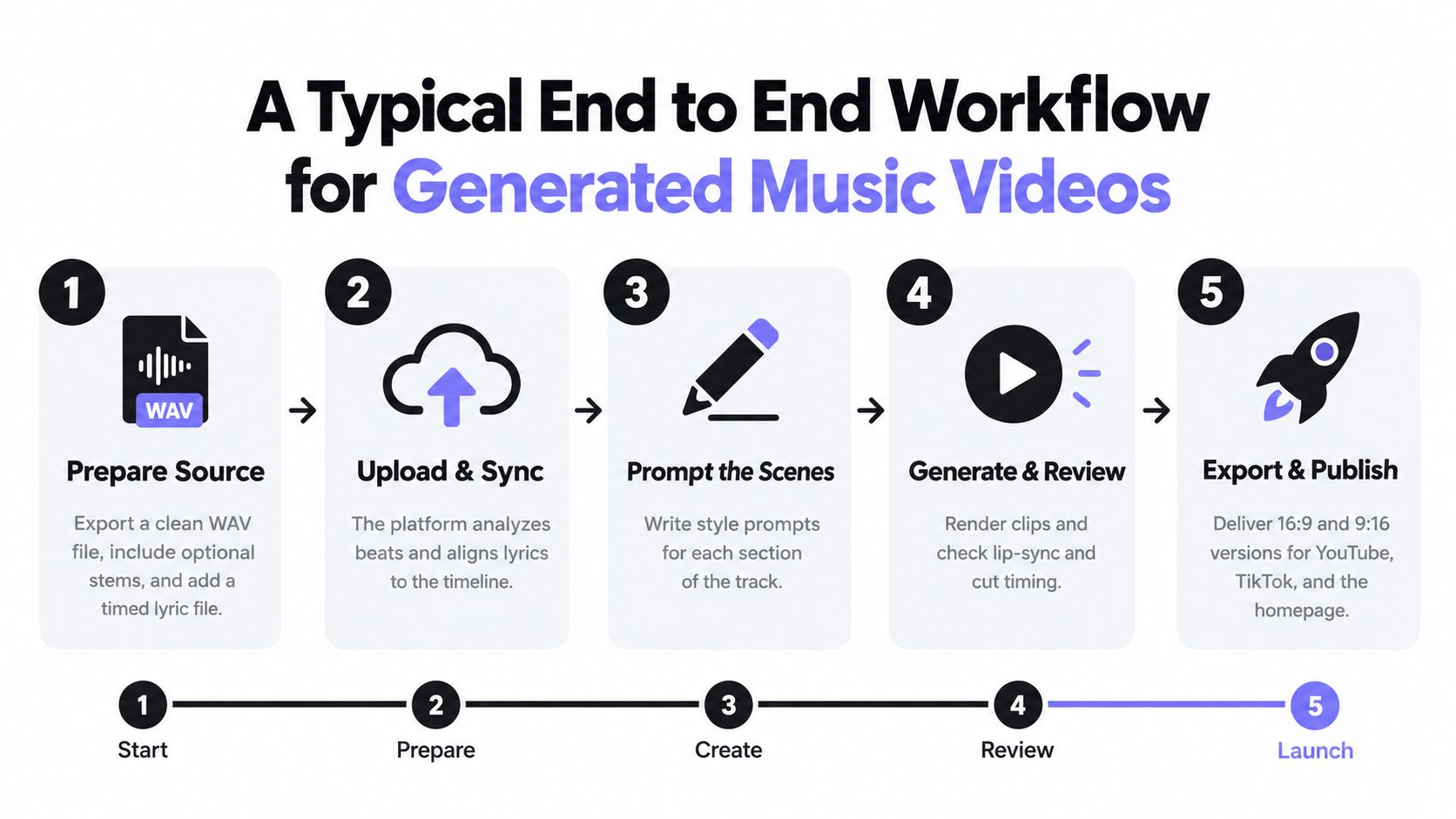 A five-step infographic showing the end-to-end workflow process for creating generated music videos using AI technology.