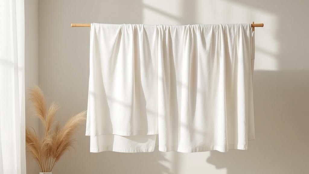 A person hanging freshly washed bamboo sheets on a clothesline in a sunny backyard.