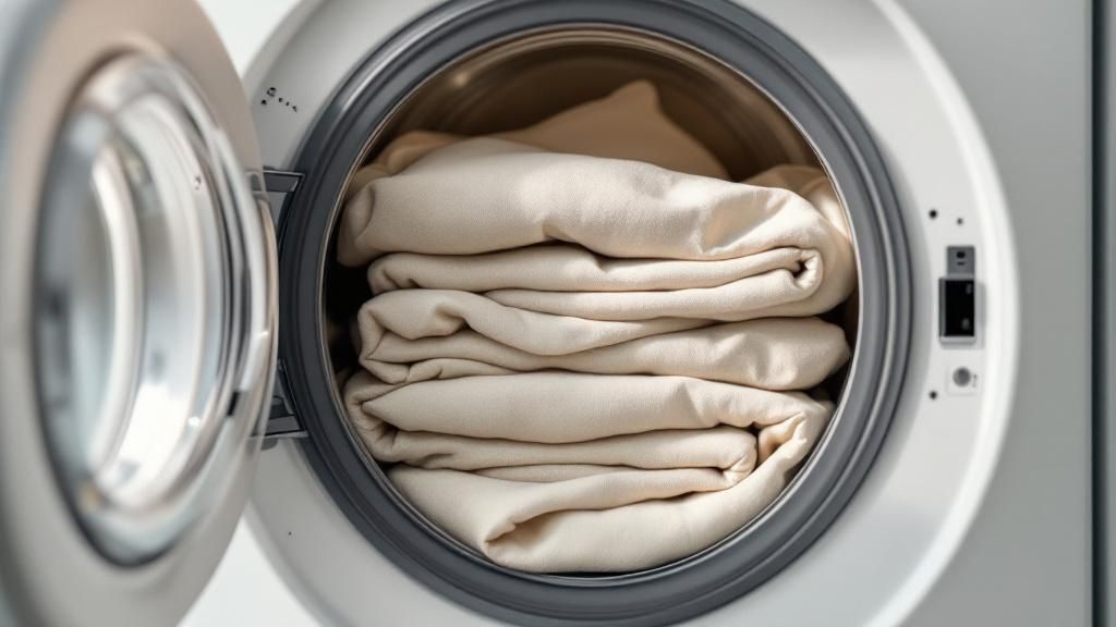 A person adjusting the settings on a modern washing machine control panel