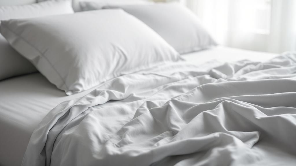 A woman looking stressed and hot in bed, covered in traditional white sheets.