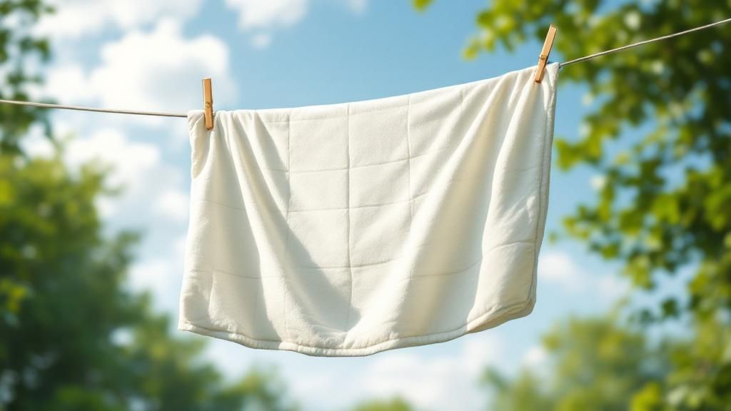 A person neatly folding a clean cooling comforter on a bed.