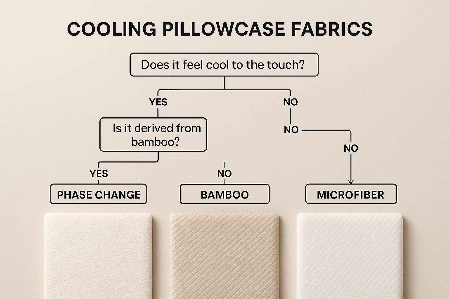 Infographic showing the textures of different cooling pillowcase fabrics, including synthetics, bamboo, and microfiber