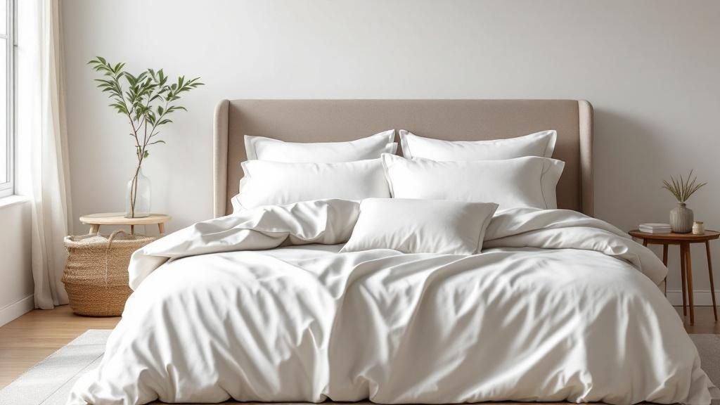 A neatly folded stack of light-colored bamboo sheet sets on a wooden surface.