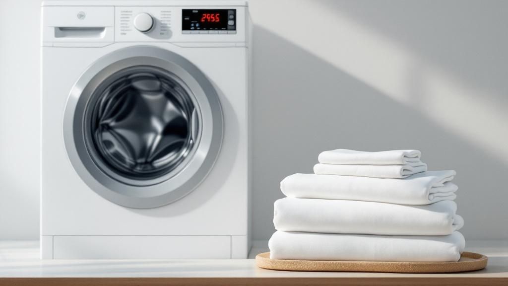 Woman neatly folding a set of clean, cool-looking sheets on a bed.