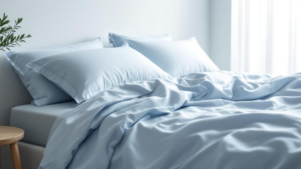 A woman looking distressed and sweating while trying to sleep in bed