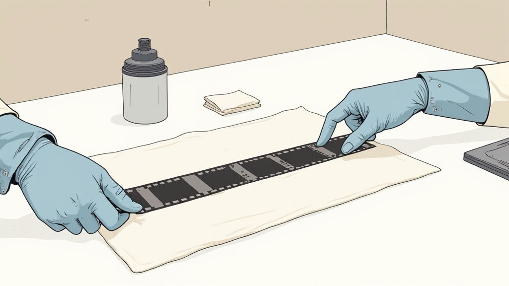 Gloved hands carefully handling a strip of photographic film negatives on a white cloth, with cleaning supplies nearby.