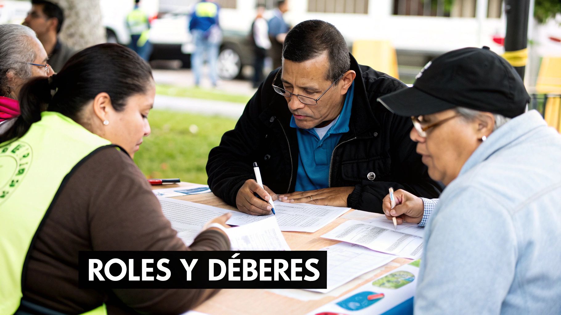 Moderador liderando una asamblea de propiedad horizontal de forma ordenada y profesional.