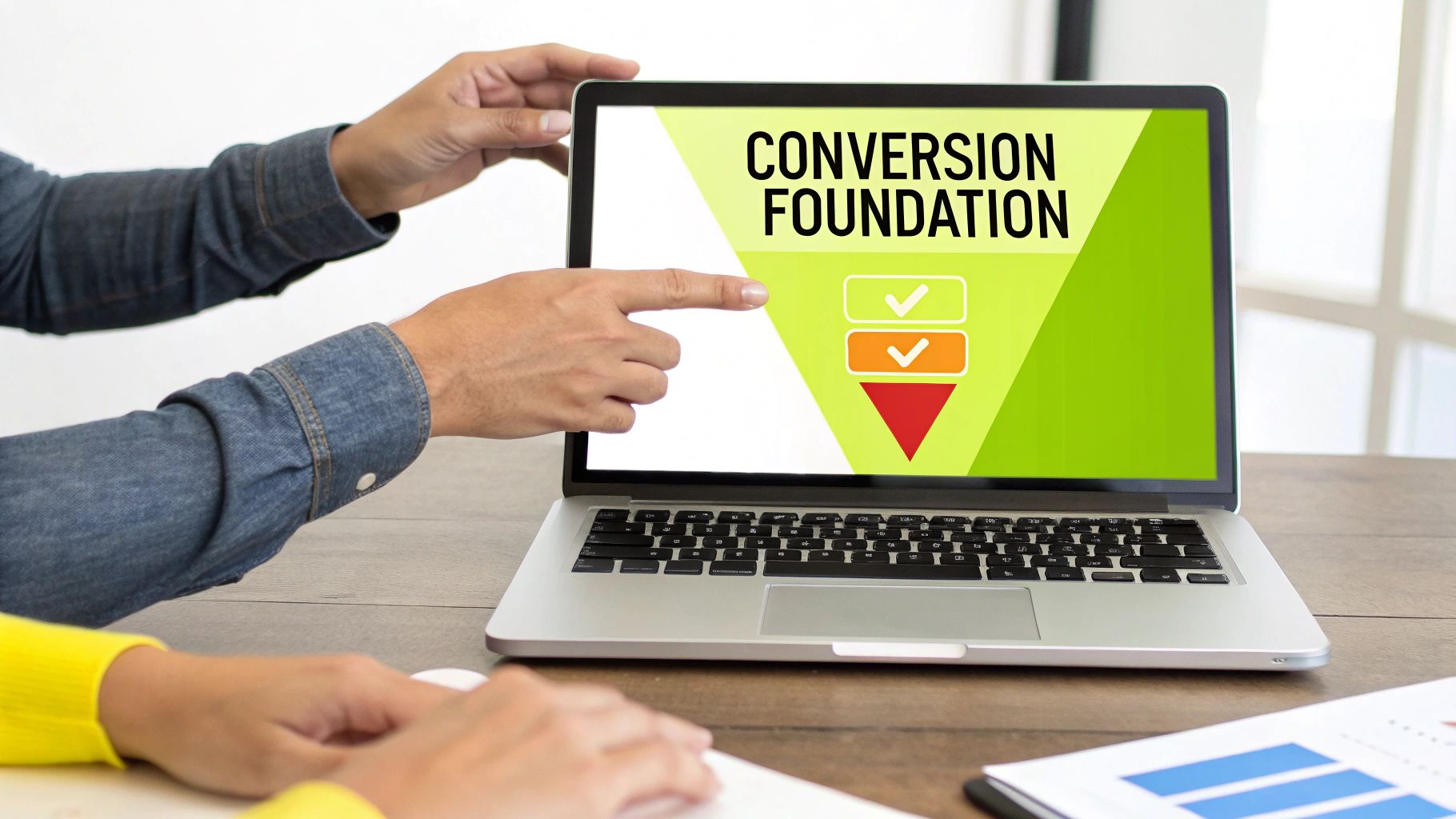 Professionals collaborating on laptop, discussing "Conversion Foundation" and marketing funnel for optimization.