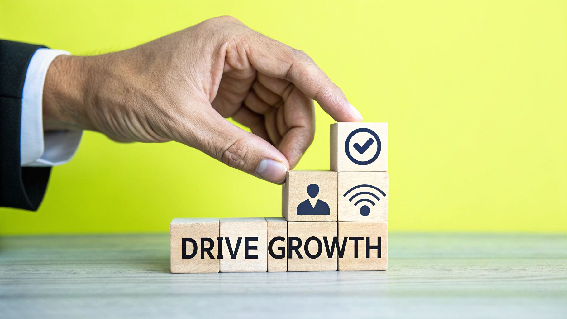 A hand places a wooden cube with a checkmark icon on a stack spelling 'DRIVE GROWTH', symbolizing business growth.