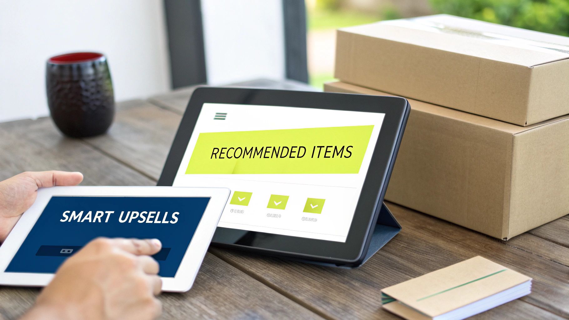 Two tablets display 'Recommended Items' and 'Smart Upsells' next to shipping boxes on a table.