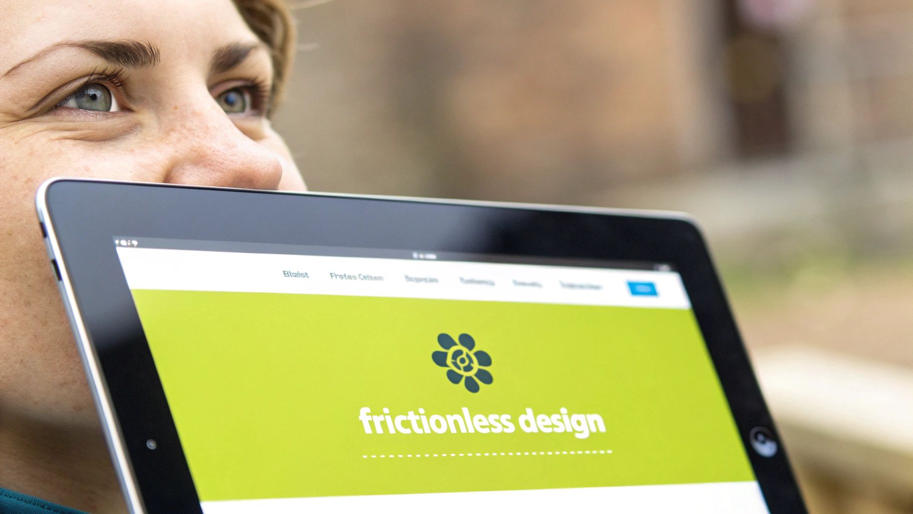 A close-up of a person's face smiling while looking at a tablet displaying 'frictionless design' on a green screen.