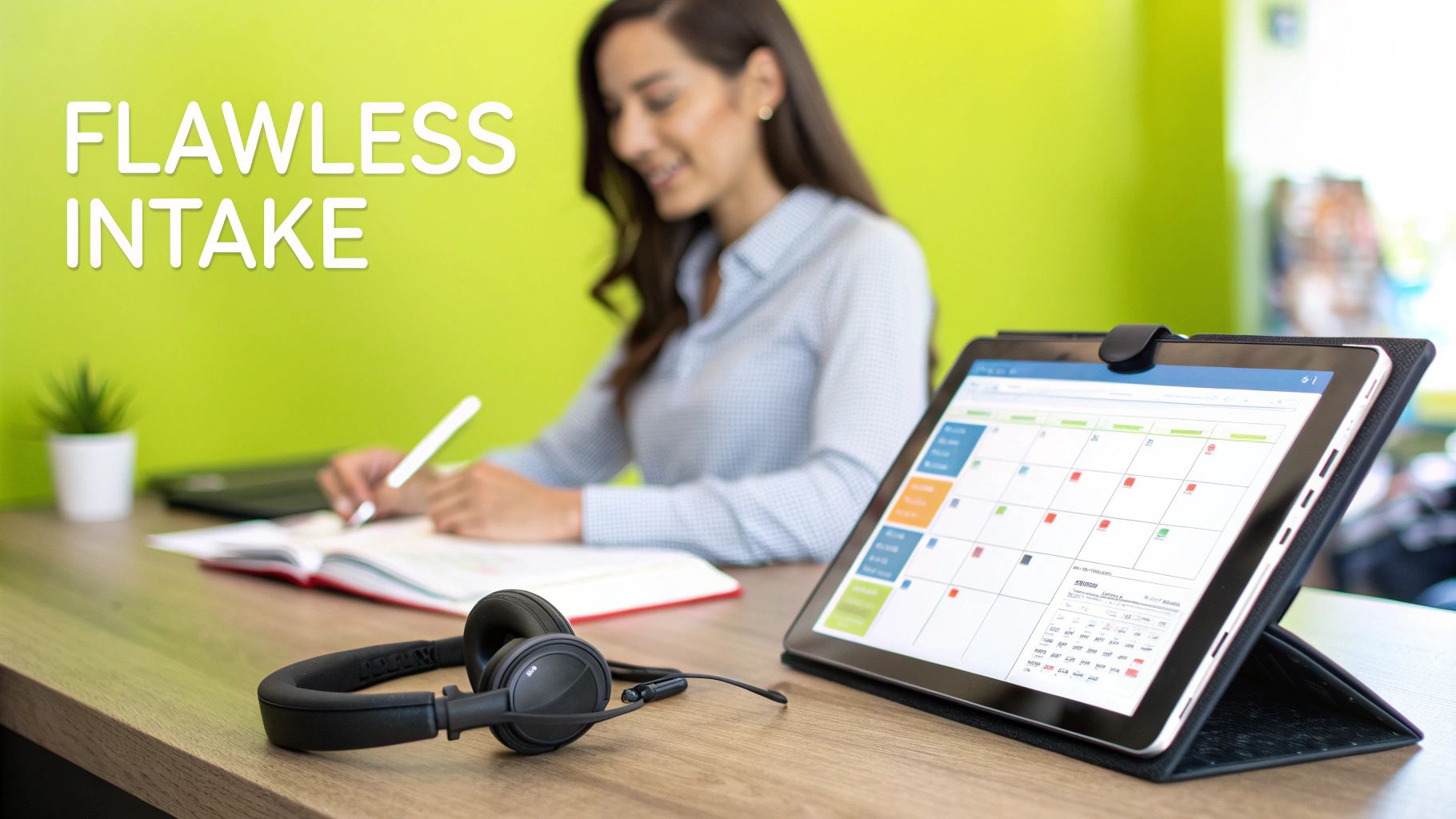 A professional woman efficiently managing her workflow at a desk with a tablet and headphones, focusing on client intake.