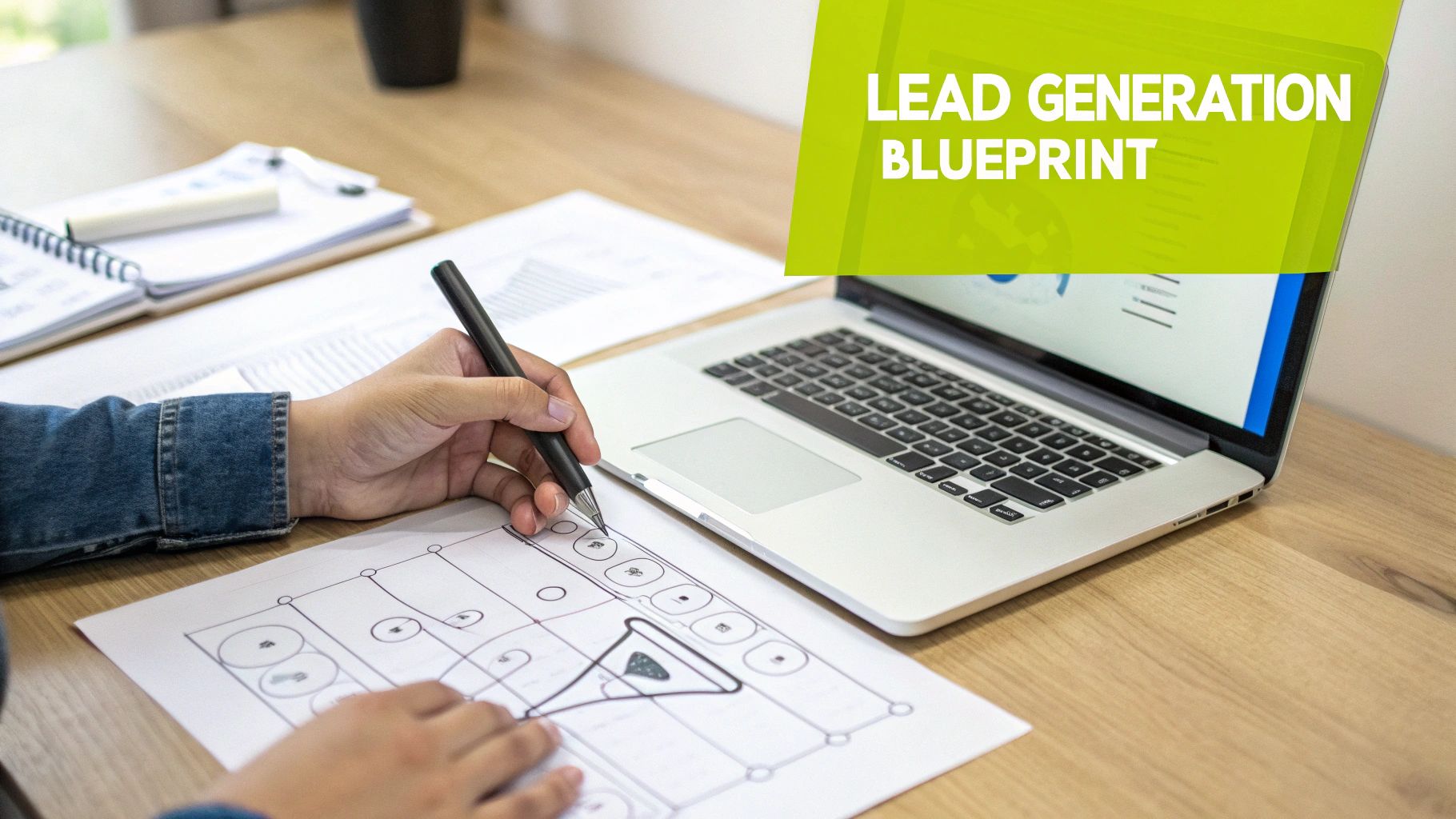 Person drawing a lead generation blueprint flowchart on paper with a laptop displaying charts nearby.