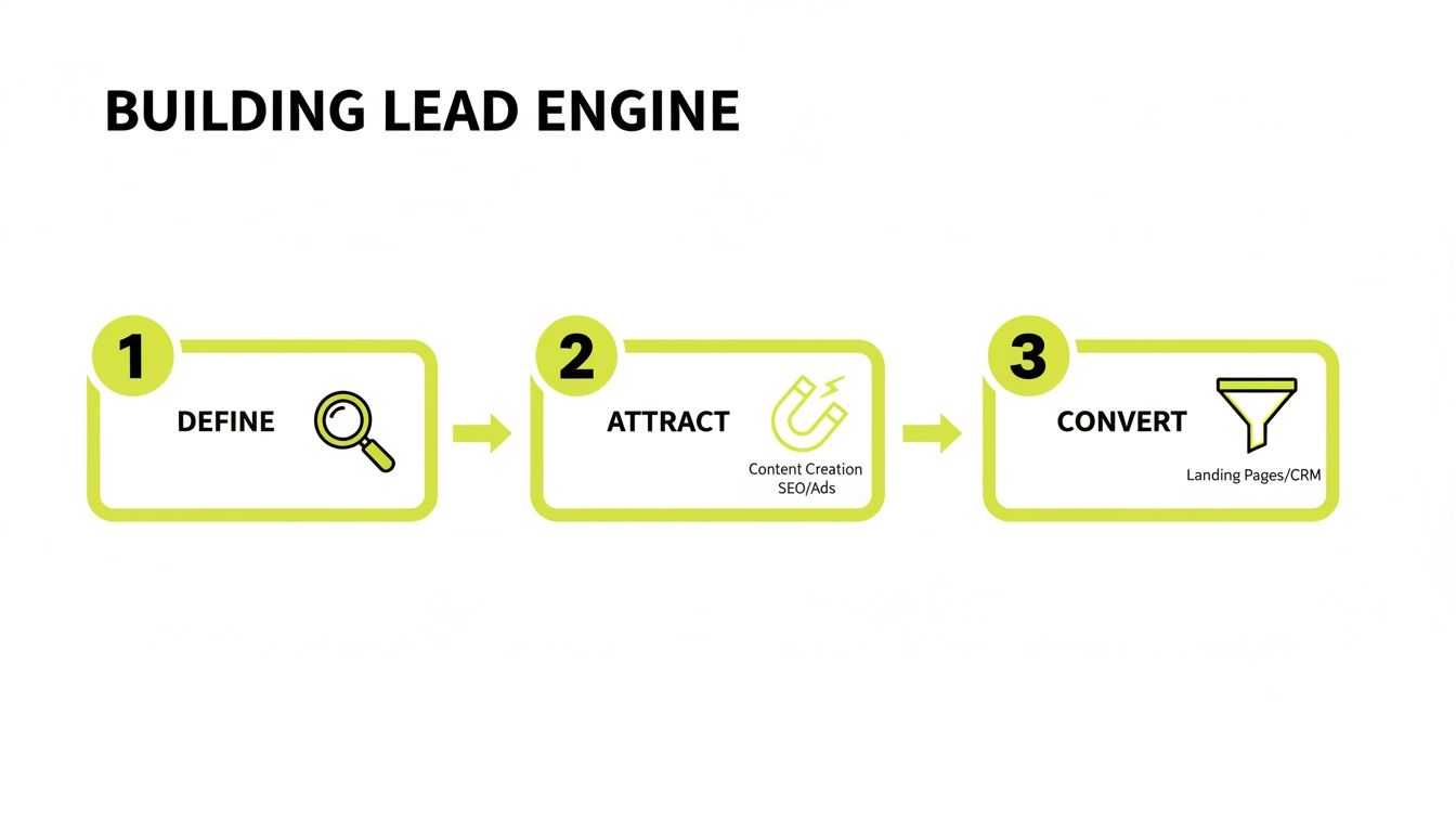 Infographic showing a three-step process to build a lead engine: Define, Attract, Convert.