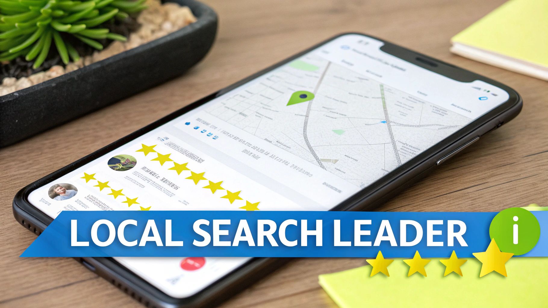 Smartphone displaying local map and customer reviews on a wooden desk, emphasizing local search leadership.
