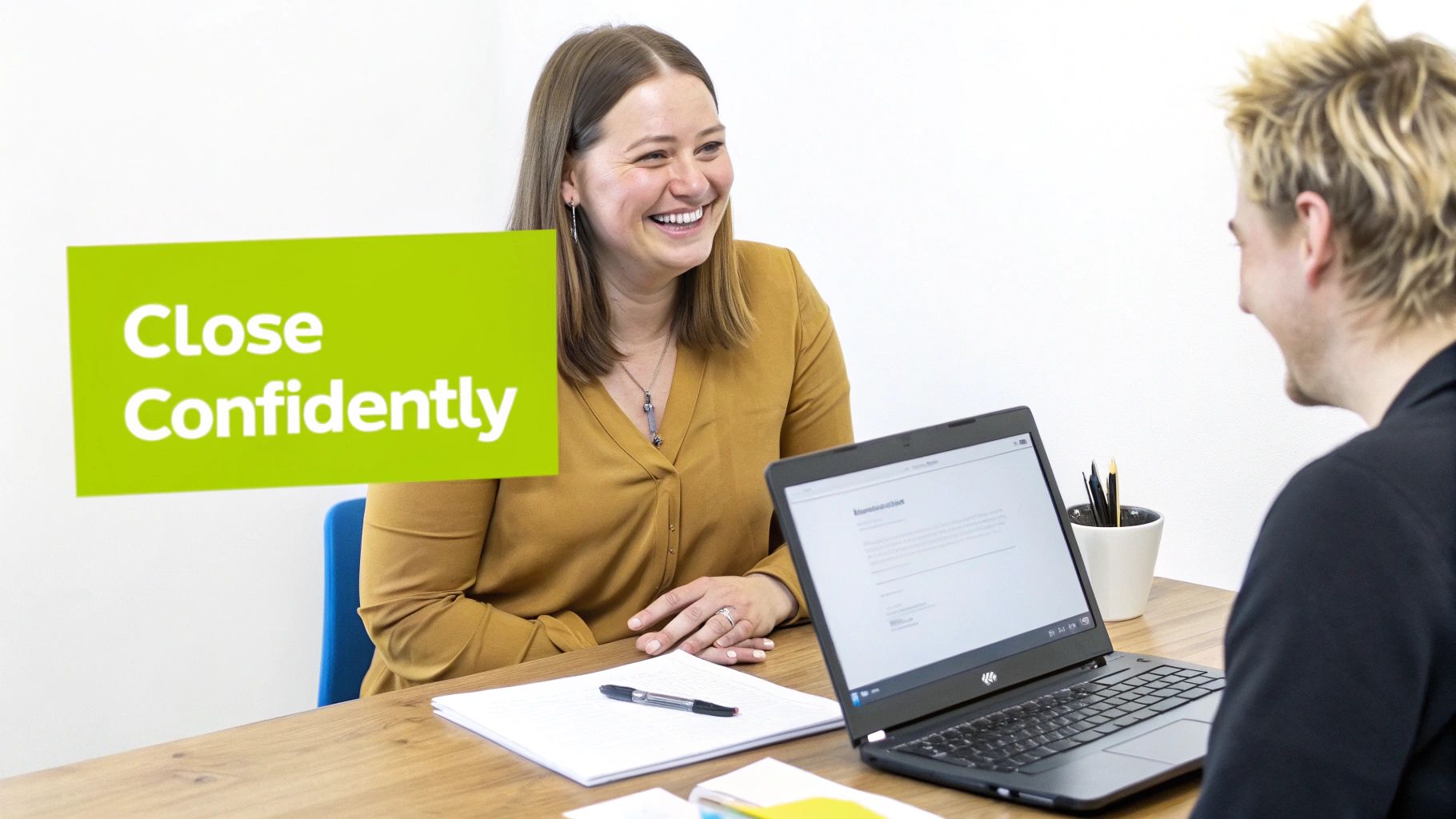Smiling woman engaging in a coaching session with a client, featuring a 'Close Confidently' sign.