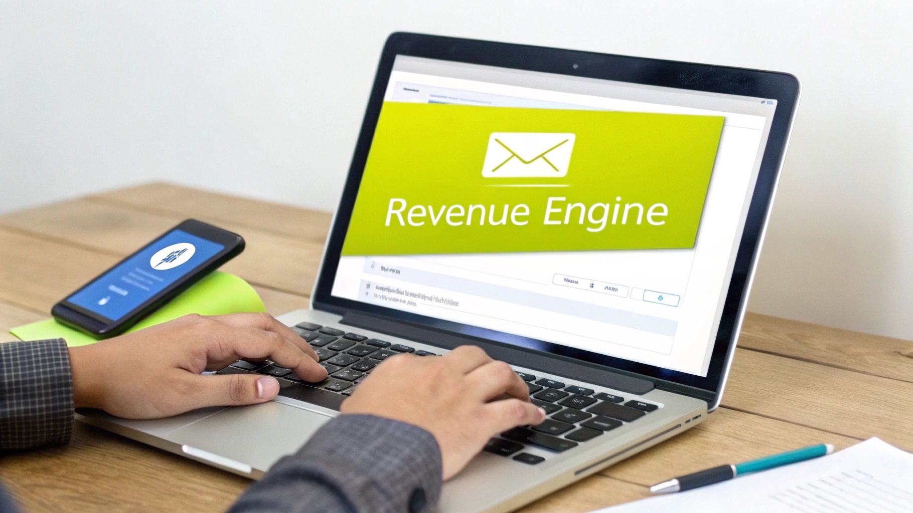 Person typing on a laptop displaying a 'Revenue Engine' email banner, with a smartphone on a desk.