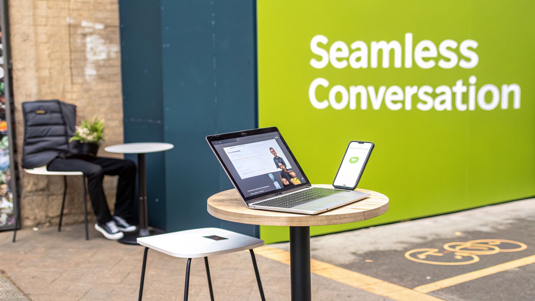 Laptop and smartphone on a wooden table with 'Seamless Conversation' wall in background.