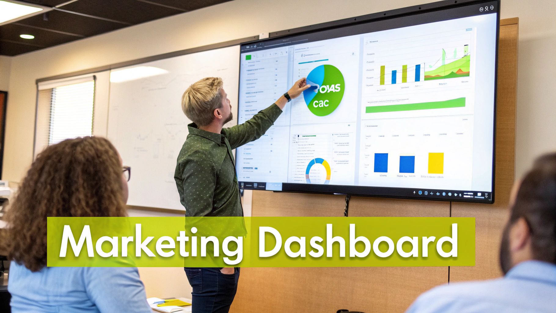 A man points at a large digital screen displaying a marketing dashboard with charts and data to colleagues.