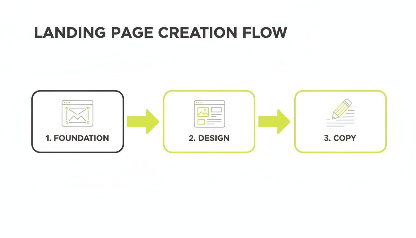 A three-step flow diagram illustrating landing page creation: Foundation, Design, and Copy.