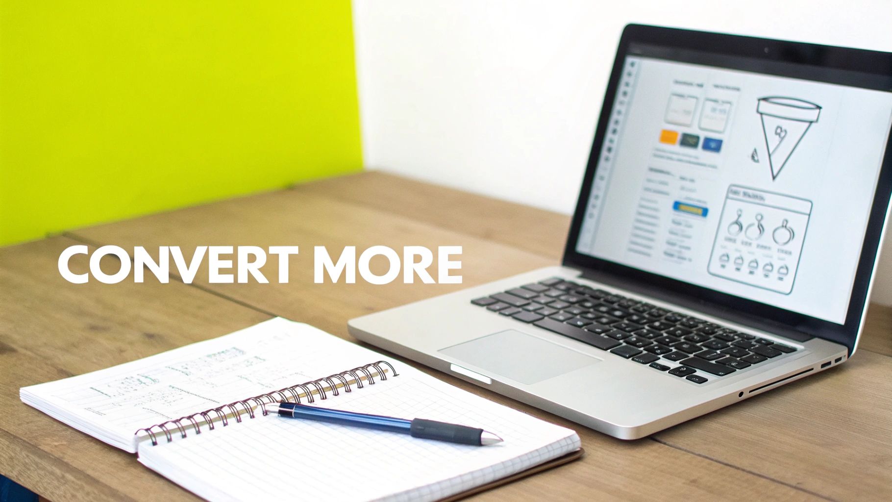 A laptop displays conversion funnel graphics and charts, next to a notebook and pen, with "CONVERT MORE" text.