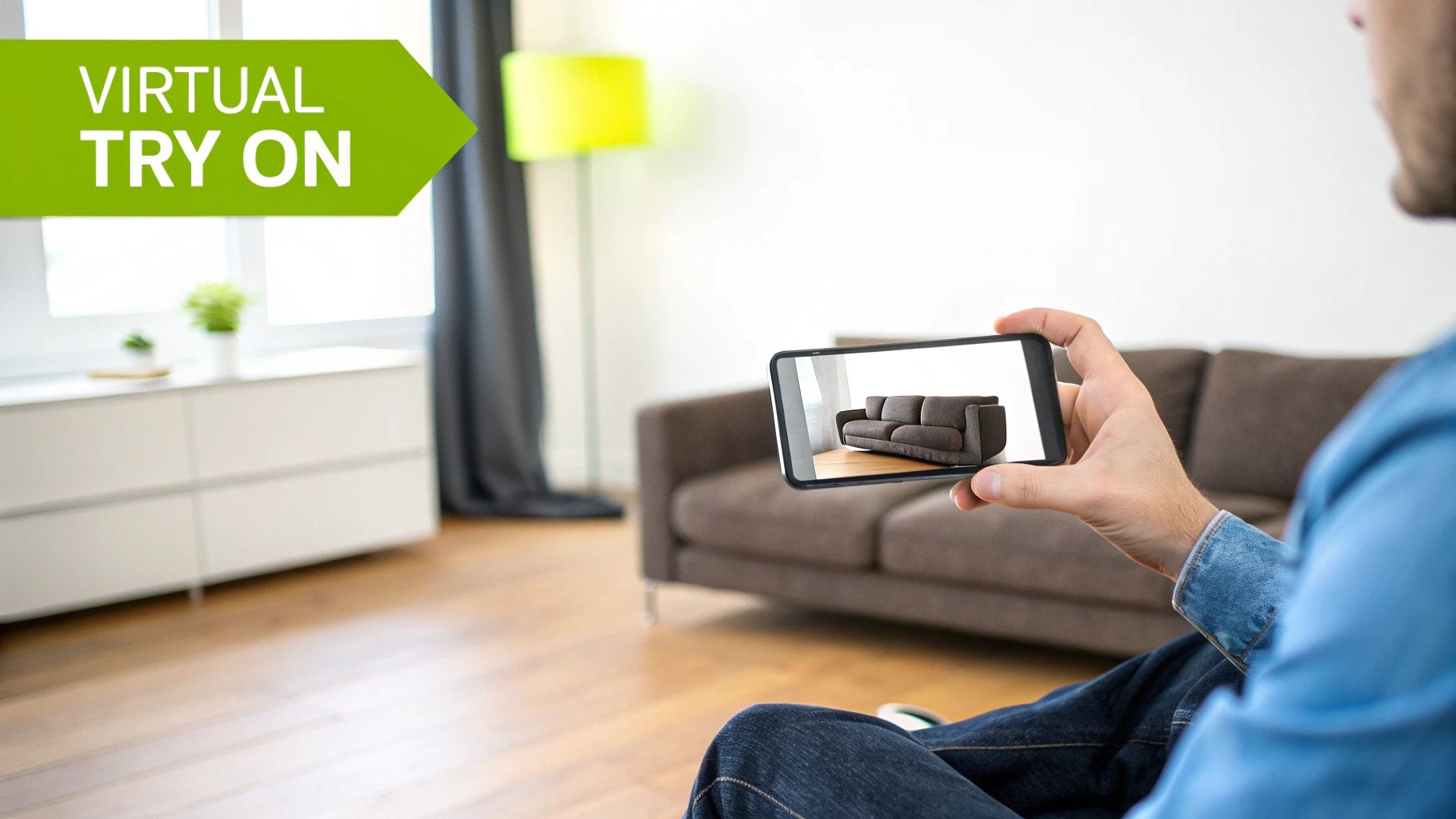 A man uses a smartphone with augmented reality to virtually try on a new sofa in his living room.