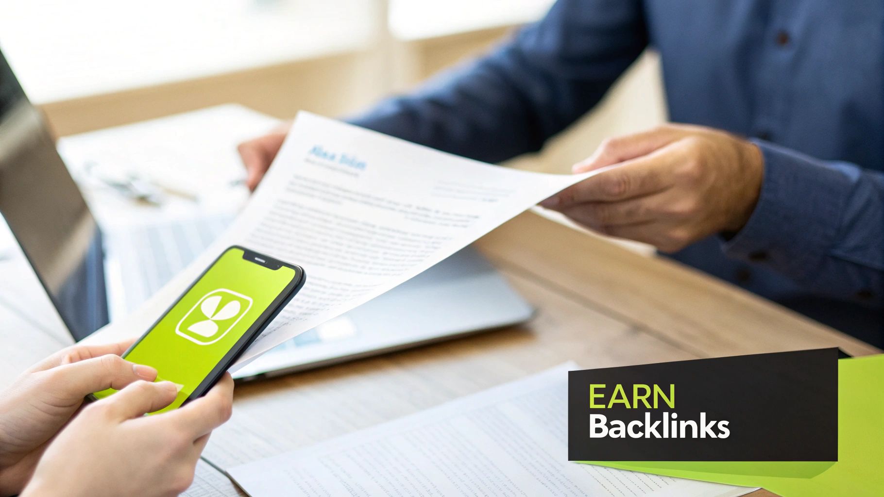 Two people collaborate at a desk, one using a smartphone, the other reviewing documents, with an 'EARN Backlinks' graphic.