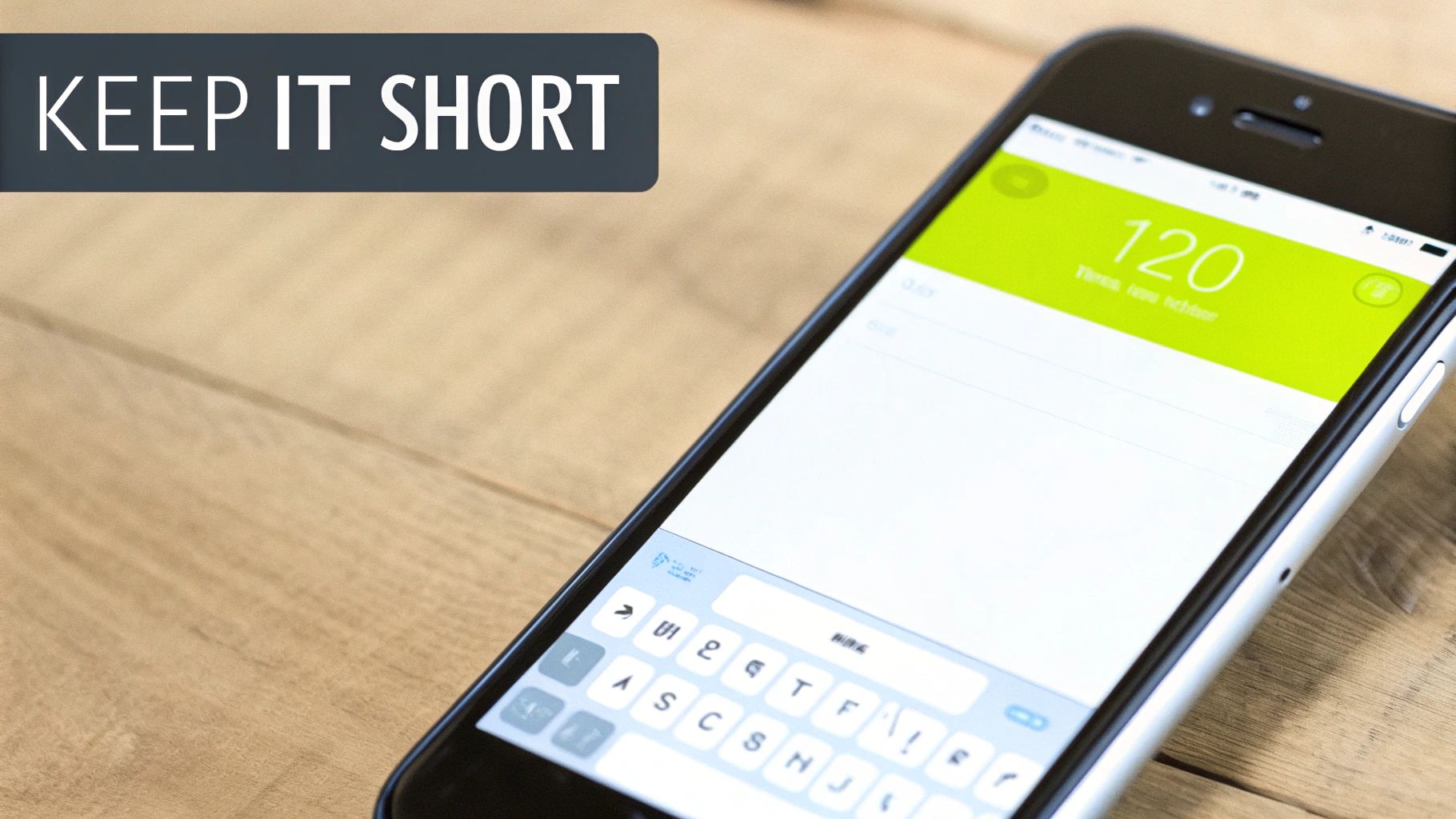 A smartphone on a wooden table displays a messaging app and a 'KEEP IT SHORT' banner.