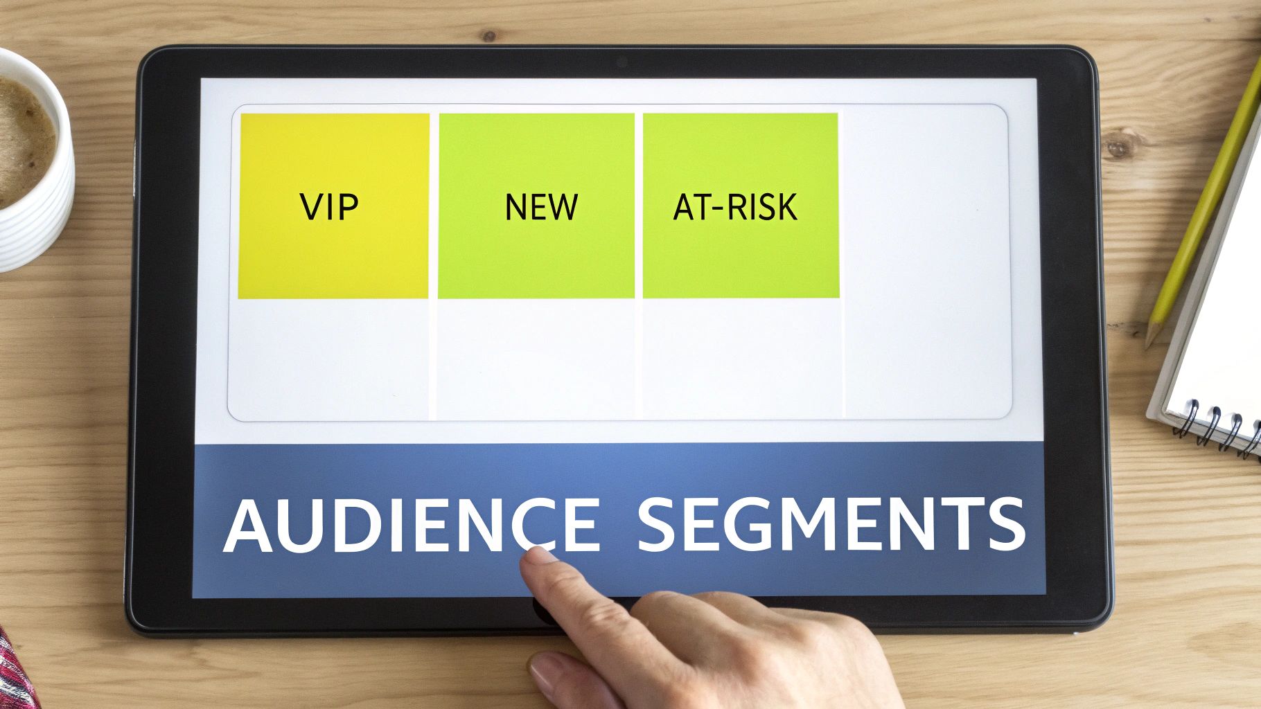 A hand taps a tablet screen showing 'AUDIENCE SEGMENTS' with 'VIP', 'NEW', and 'AT-RISK' categories, illustrating customer segmentation.