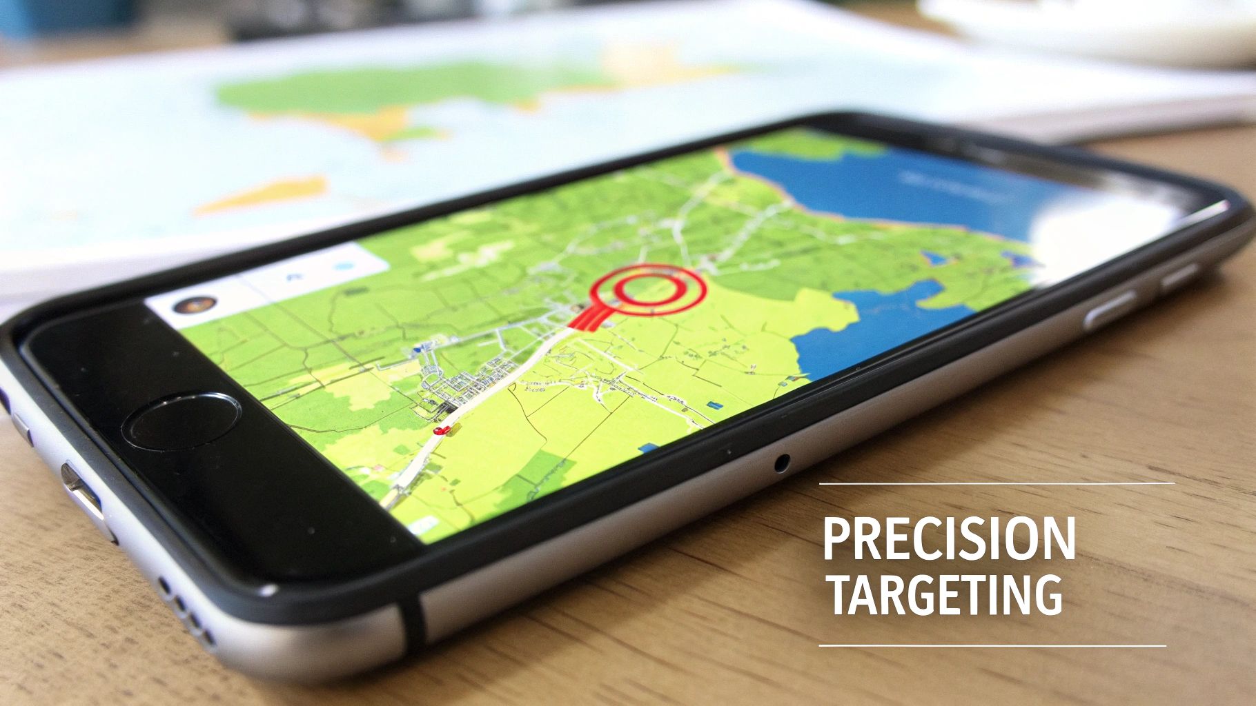 Smartphone displaying a map app with a red location pin and target circle, symbolizing precision targeting.