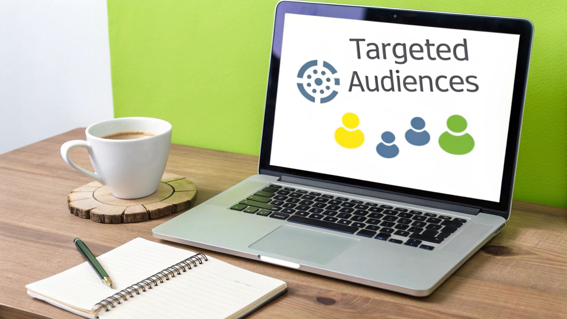A laptop displays 'Targeted Audiences' with icons, a coffee cup, and a notebook on a wooden desk.