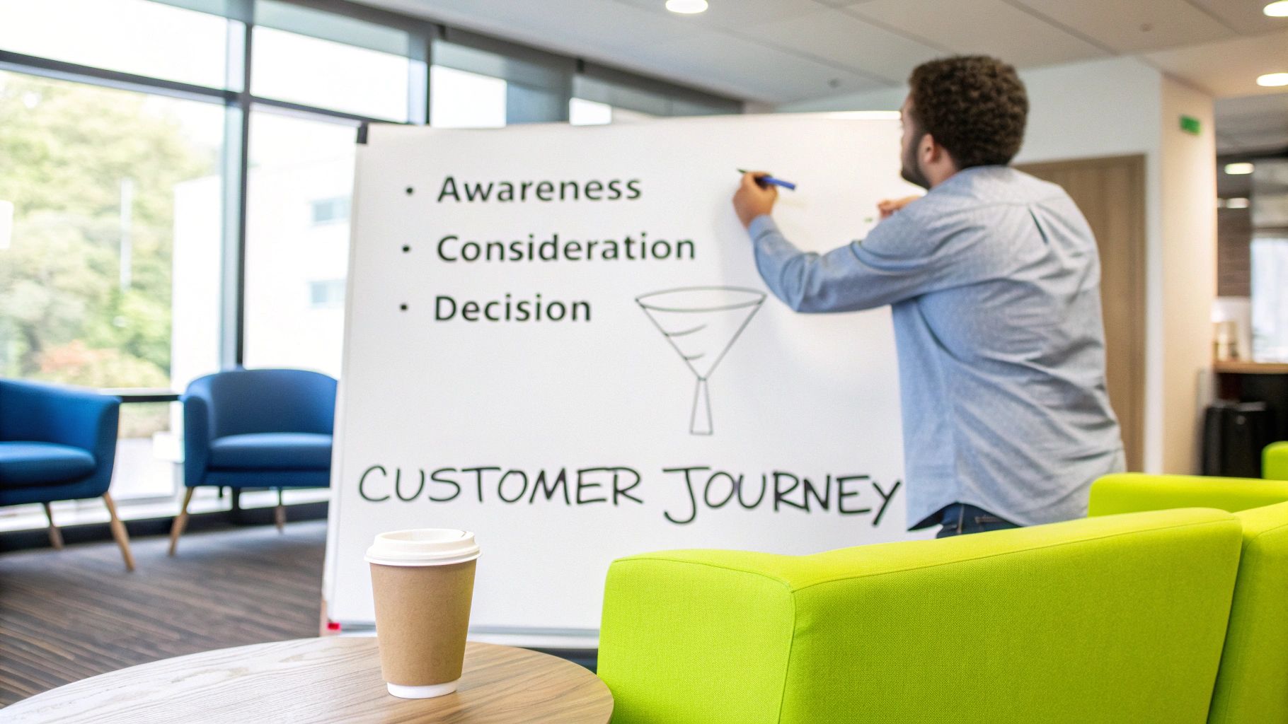 A man explains customer journey stages like awareness and decision on a whiteboard in an office.