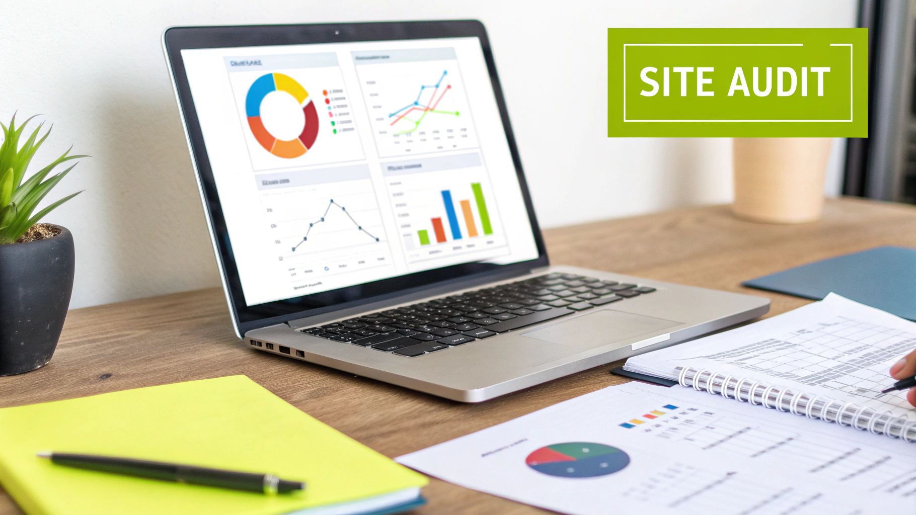 A laptop displaying site audit data and analytics charts on a wooden desk with a notebook and pen.