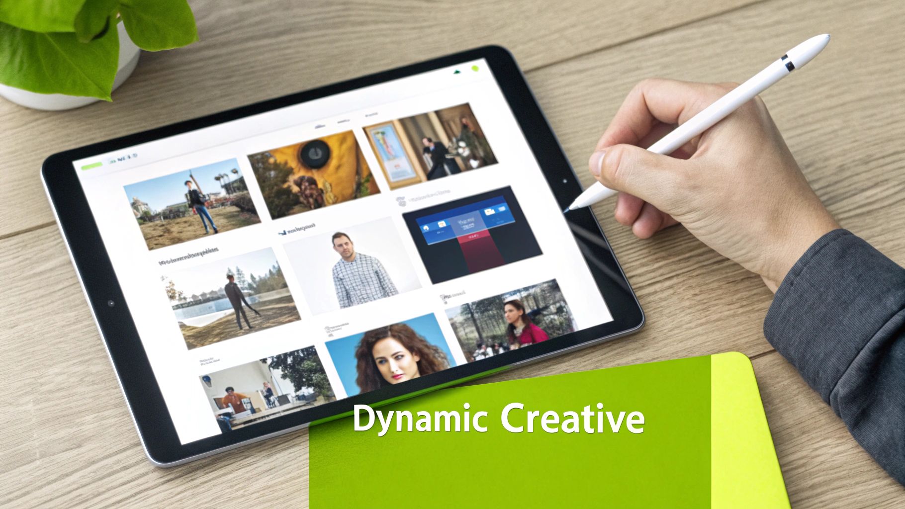 A hand uses a white stylus on a tablet displaying creative images, next to a green notebook.