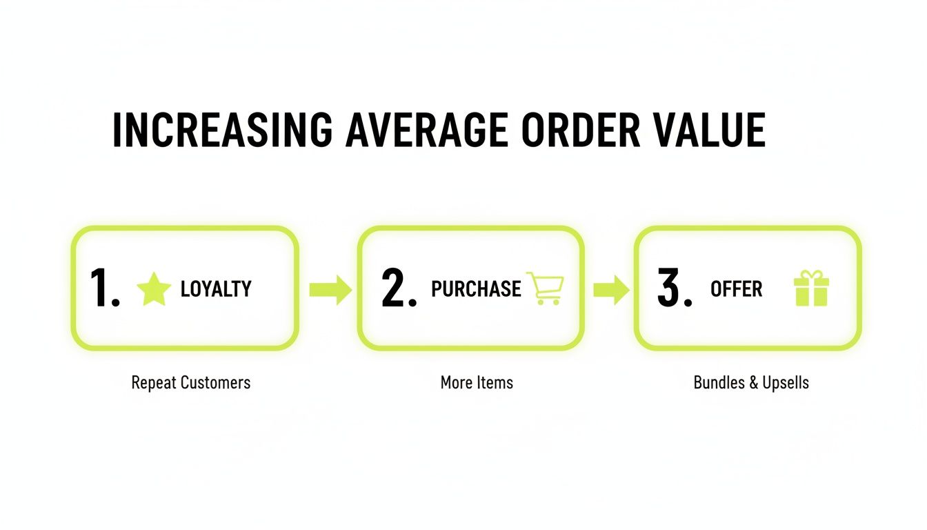 Visual guide to increasing average order value through customer loyalty, more purchases, and strategic offers.