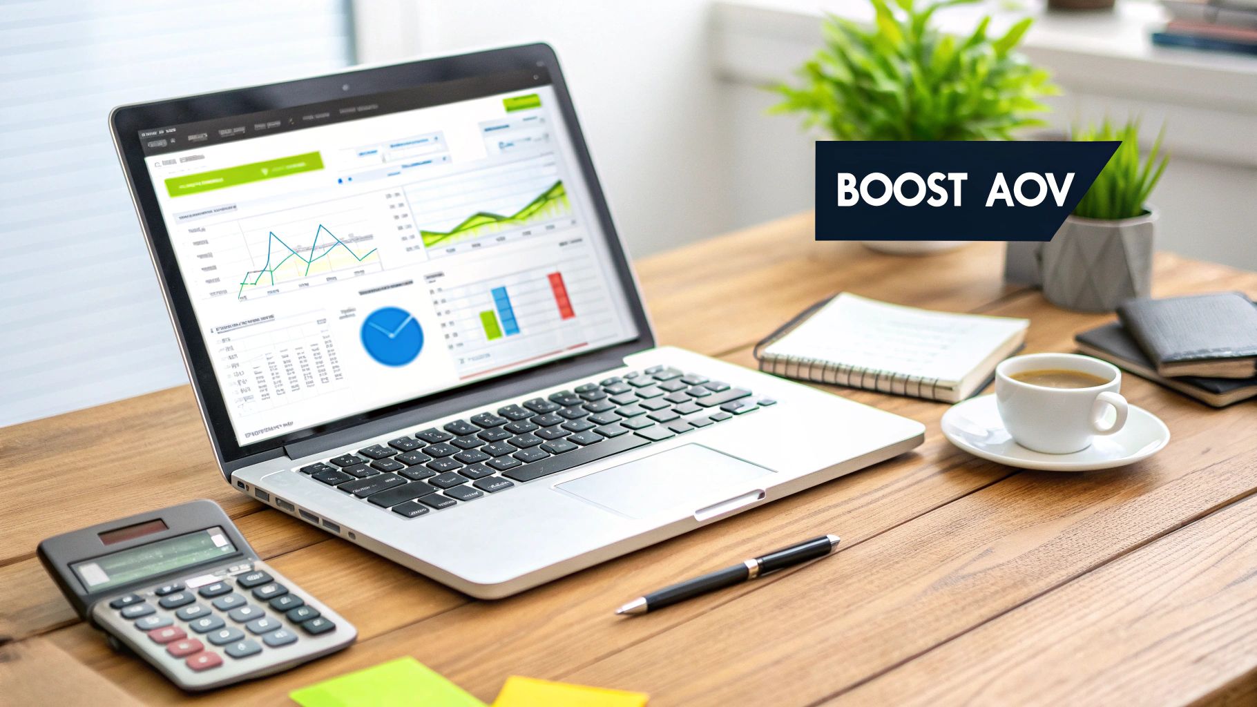 A laptop displaying business analytics graphs and charts on a wooden desk with a calculator, coffee, and 'Boost AOV' banner.