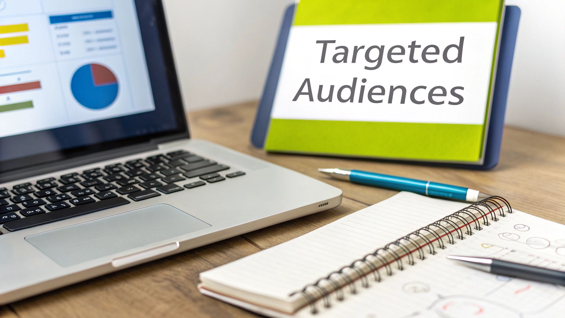 Laptop displaying marketing charts, 'Targeted Audiences' sign, pen, and notebook on a wooden desk.