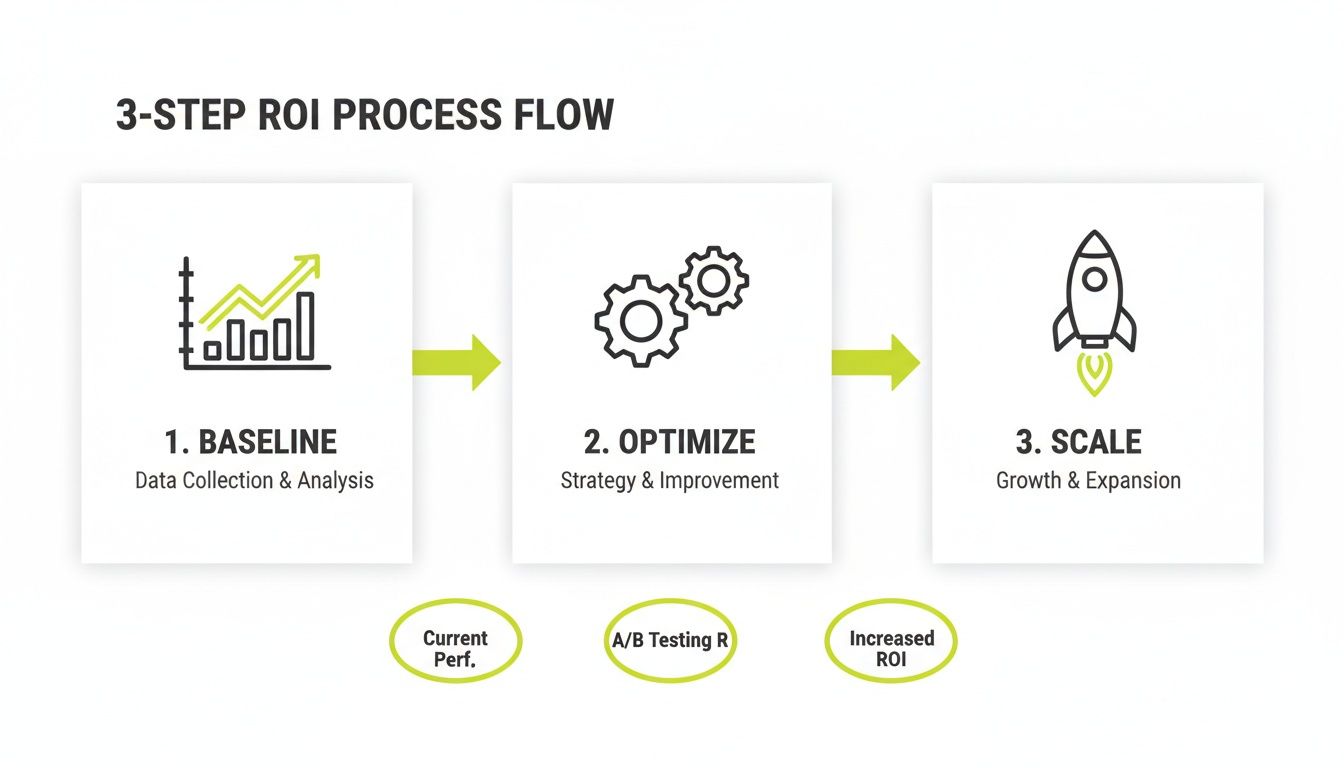 A 3-step process flow for improving ROI, showing baseline data, optimization, and scaling growth.