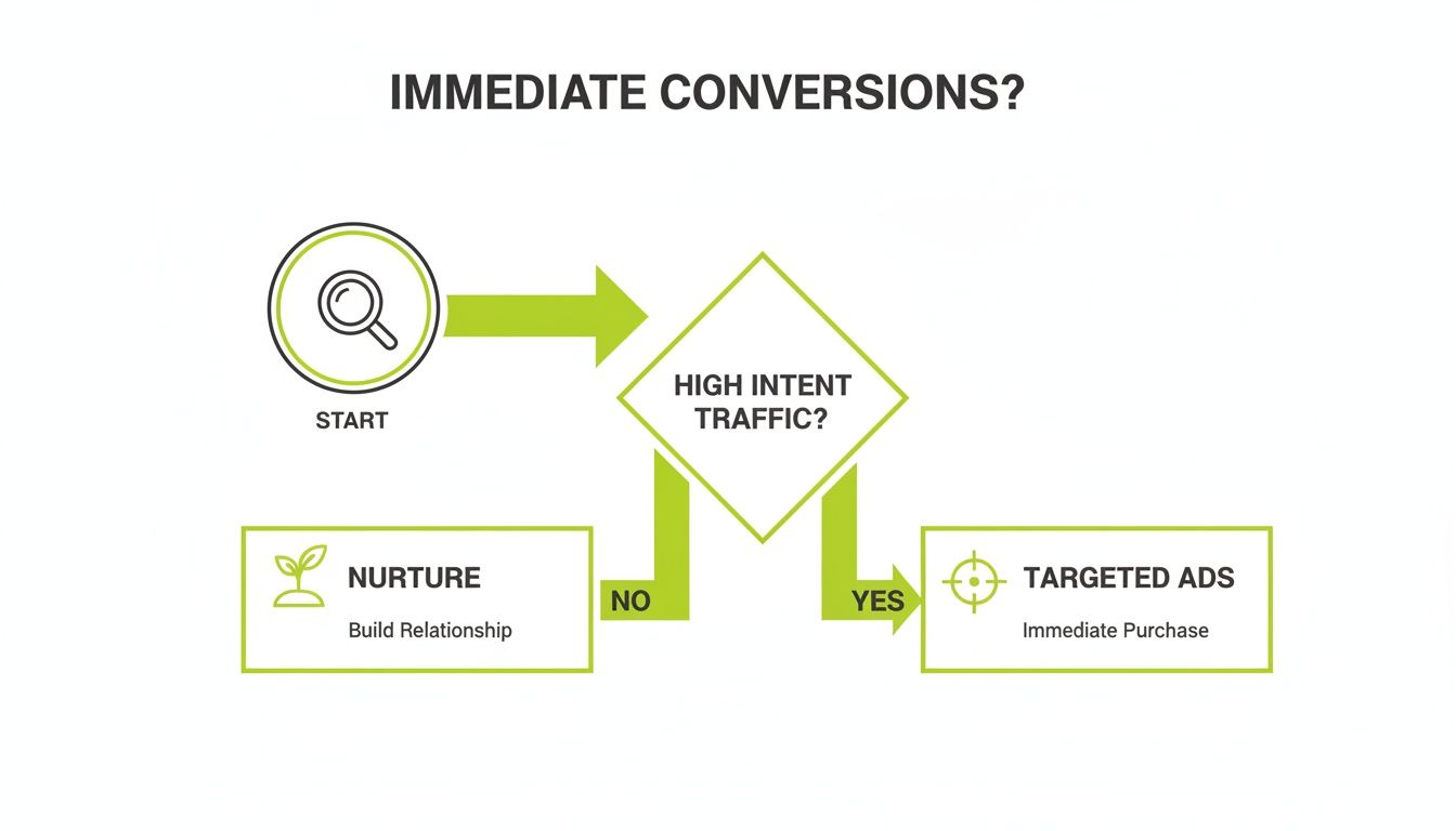 Flowchart illustrating immediate conversion strategy: start, check high intent traffic, then nurture or use targeted ads.