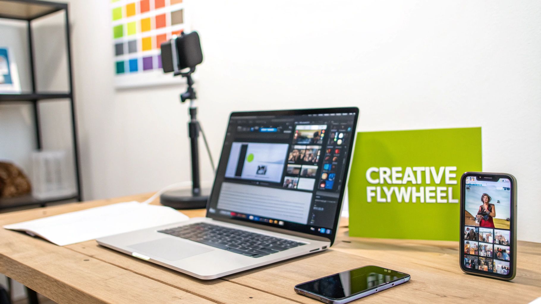 A creative workspace with a laptop, two smartphones, and a 'Creative Flywheel' sign on a wooden desk.