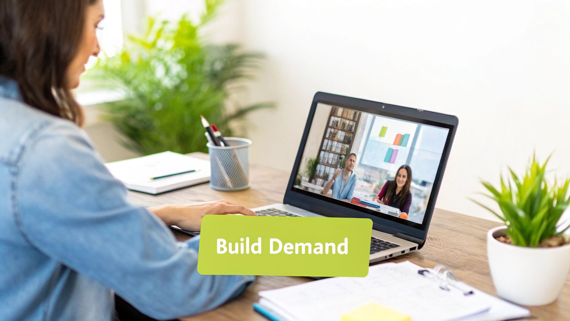 Woman on laptop in a video call with two colleagues, discussing charts and 'Build Demand'.