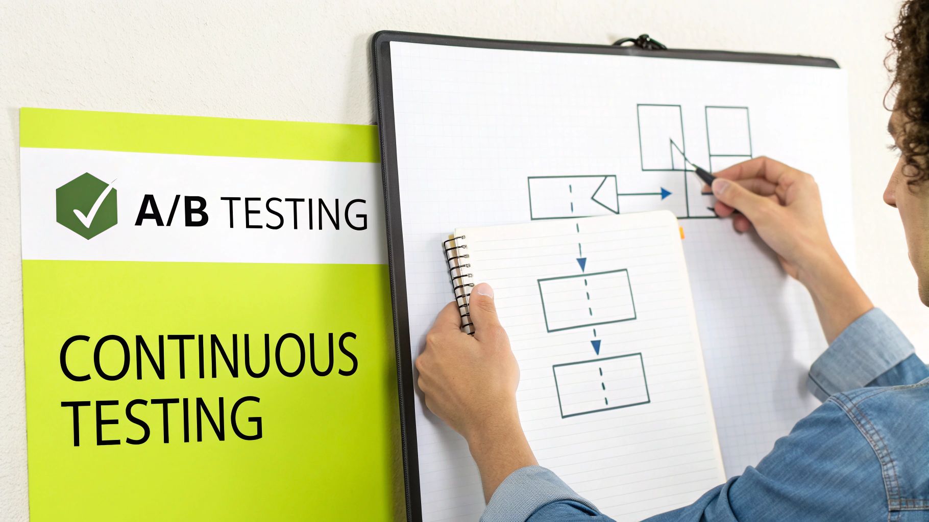A person points to a flowchart on a whiteboard next to a sign about A/B and continuous testing.
